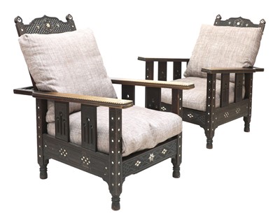 Lot 150 - A pair of Syrian mahogany and mother-of-pearl inlaid armchairs