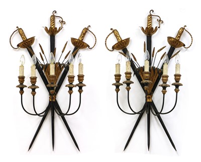 Lot 227 - A pair of tinplate 'crossed sword' five-branch wall lights