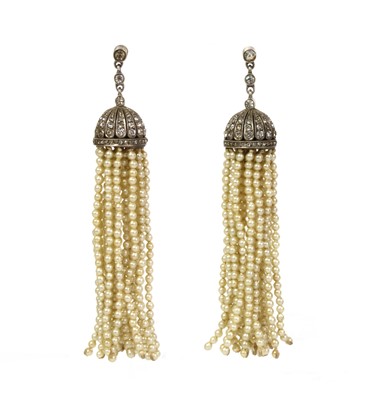 Lot 59 - A pair of Art Deco silver, paste and imitation pearl tassel drop earrings