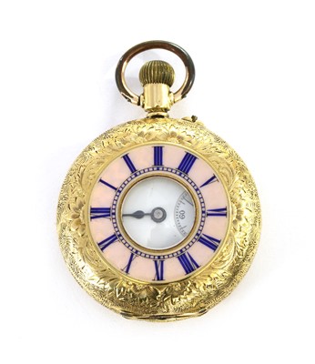 Lot 450 - A Continental gold enamel half hunter style pin set fob watch