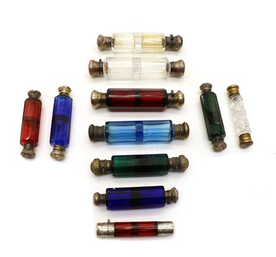 Lot 161 - A collection of eleven Victorian, double ended, coloured and clear glass scent bottles