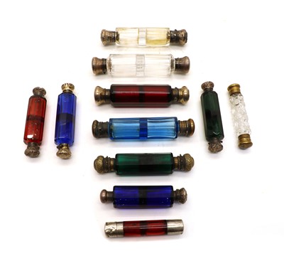 Lot 161 - A collection of eleven Victorian, double ended, coloured and clear glass scent bottles