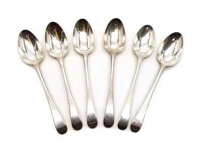 Lot 10 - A matched set of six George III silver Old English pattern dessert spoons