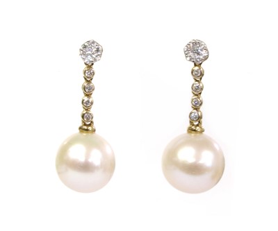 Lot 340 - A pair of gold cultured freshwater pearl and diamond drop earrings