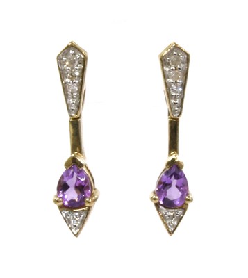 Lot 298 - A pair of 9ct gold amethyst and diamond drop earrings