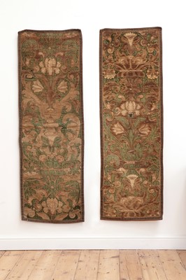 Lot 461 - A pair of silk and metal thread embroidered hangings