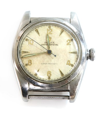 Lot 576 - A gentlemen's stainless steel Rolex Oyster Perpetual automatic bubble back strap watch, c.1949