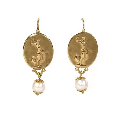 Lot 92 - A pair of Italian gold cultured freshwater pearl earrings, by Tagliamonte