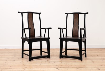 Lot 755 - A pair of black lacquer yoke-back armchairs