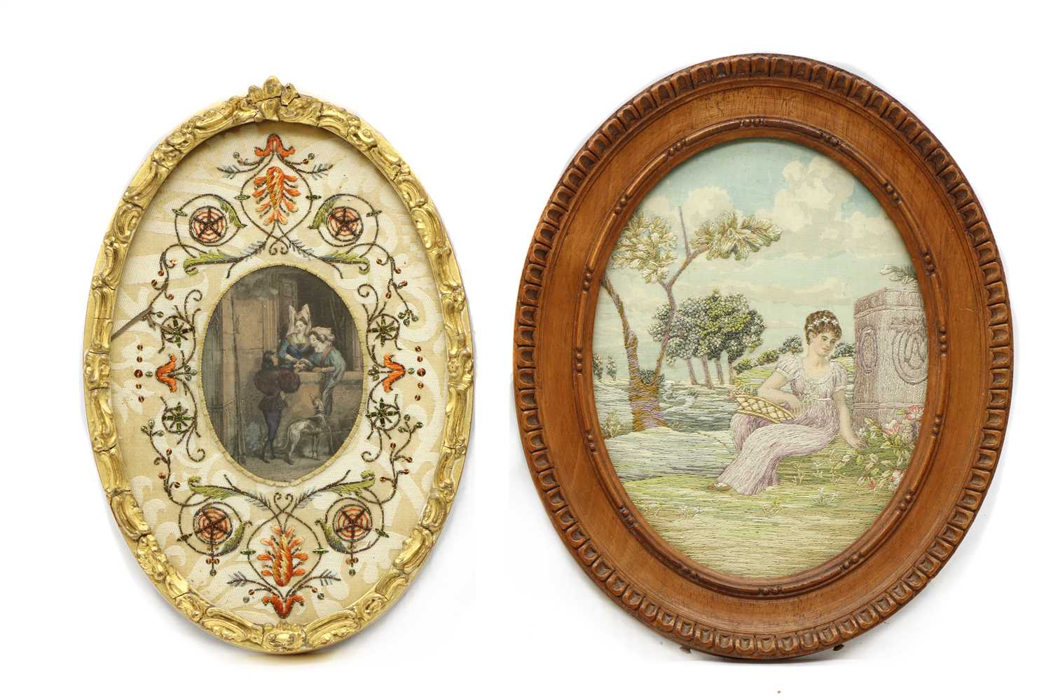 Lot 304 - Two small oval needlework pictures