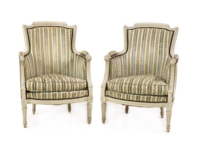 Lot 470 - A pair of French Louis XVI style armchairs with painted frames