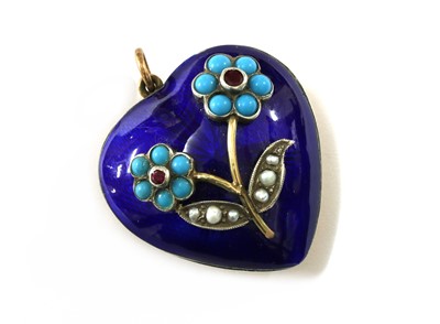 Lot 66 - A gold and silver, ruby, turquoise, split pearl and enamel heart pendant
