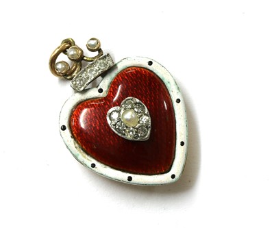 Lot 67 - A gold and silver, diamond, split pearl and enamel heart pendant