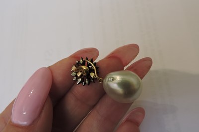 Lot 22 - A pair of diamond and cultured South Sea baroque pearl drop earrings