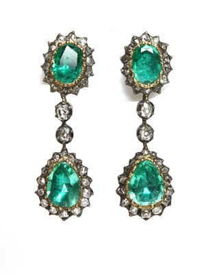 Lot 25 - A pair of late Georgian, foiled emerald and diamond drop earrings