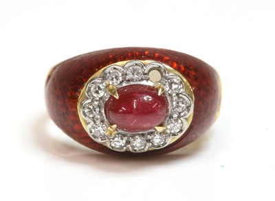 Lot 504 - An Italian ruby, diamond and enamel bombé  cluster ring, c.1960