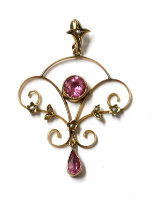Lot 54 - An Edwardian gold pink garnet-and-glass doublet and split pearl pendant