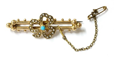 Lot 37 - A gold turquoise and split pearl shamrock brooch