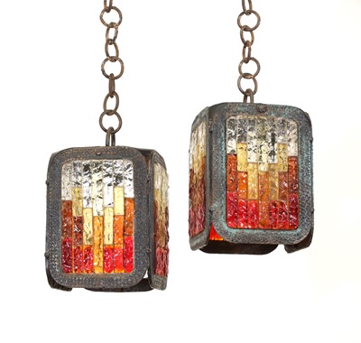 Lot 185 - A pair of heavy iron and stained glass hall lanterns
