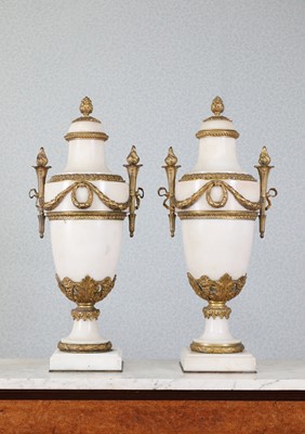 Lot 228 - A pair of neoclassical Carrara marble and ormolu cassolette vases