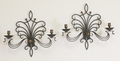 Lot 150 - A pair of painted wrought iron twin-branch wall sconces