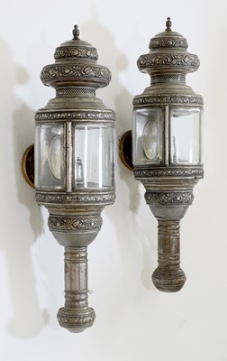 Lot 191 - A large pair of silvered brass carriage lanterns