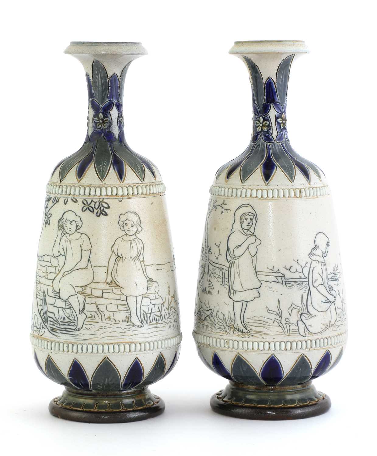 Lot 13 A pair of Doulton Lambeth vases,
