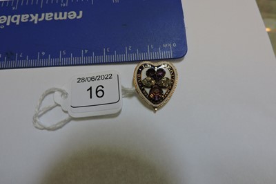 Lot 16 - A late Georgian amethyst, citrine, diamond and enamel, heart shaped clip brooch