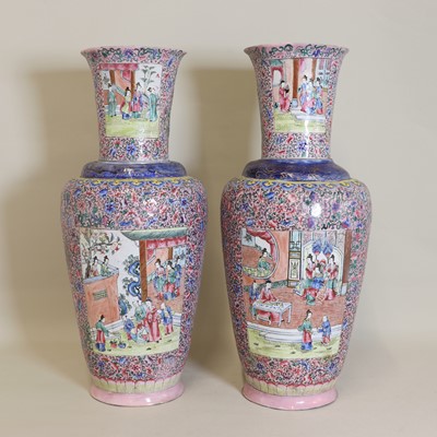 Lot 94 - A pair of Chinese export Canton painted enamel vases