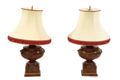Lot 359 - A pair of faux rouge marble table lamps