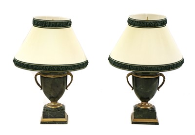 Lot 205A - A pair of faux green marble urn form table lamps