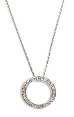 Lot 112 - A 9ct white gold diamond set hoop pendant