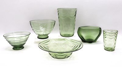 Lot 103 - Six Whitefriars sea green vases and bowls