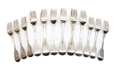 Lot 6 - A collection of seven Victorian Fiddle pattern silver dessert forks