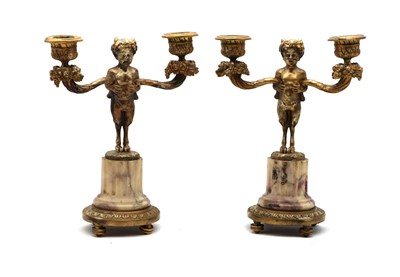 Lot 291 - A pair of gilt metal and onyx candelabra