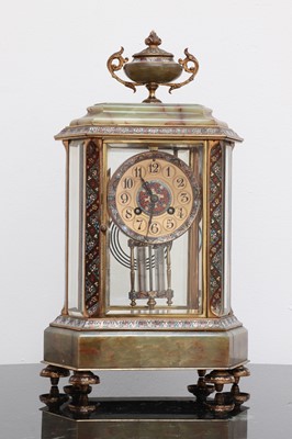 Lot 760 - An ormolu, onyx and champlevé enamel six-glass mantel clock