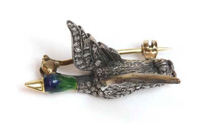 Lot 66 - A Continental diamond and enamel mallard in flight brooch, c.1930