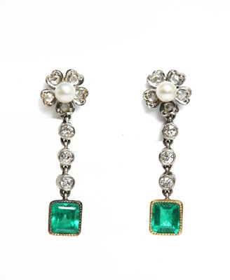Lot 164 - A pair of seed pearl, emerald and diamond earrings, c.1930