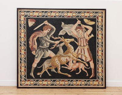 Lot 697 - A Roman-style mosaic panel depicting two hunters