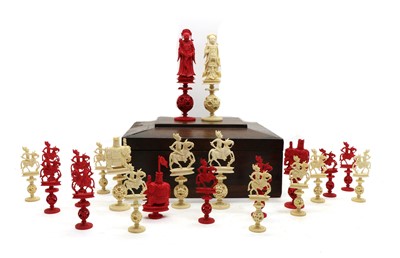 Lot 253 - A Cantonese carved ivory part chess set