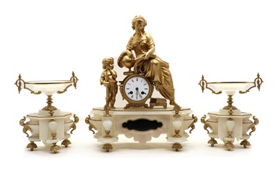 Lot 304 - A French gilt metal and alabaster clock set