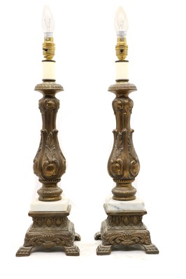 Lot 335 - A pair of gilt metal and white marble table lamps