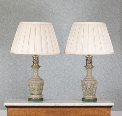 Lot 189 - A pair of cappuccino-coloured opaline glass moderator table lamps