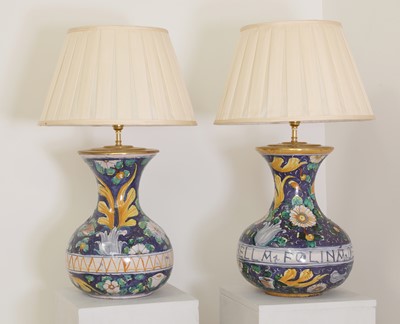 Lot 218 - A pair of maiolica apothecary vases