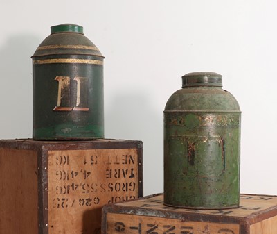 Lot 428 - Two Regency green-painted toleware tea canisters