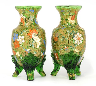 Lot 57 - A pair of glass and enamelled vases