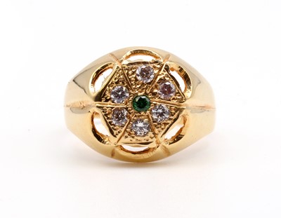 Lot 173 - A gold synthetic emerald and cubic zirconia cluster ring