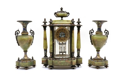 Lot 216 - A French onyx, cloisonne and brass clock garniture