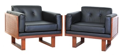 Lot 326 - A pair of Danish woven and teak black leather armchairs