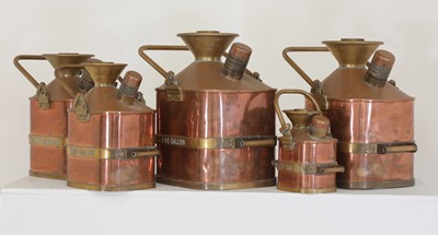 Lot 140 - A rare set of five copper and brass imperial measure petrol cans